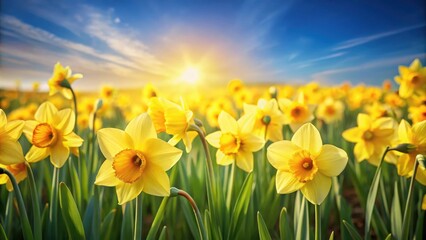 Fototapeta premium Daffodil field with bright yellow flowers swaying gently in the breeze on a sunny day, outdoor, bloom, outdoor, bloom, nature