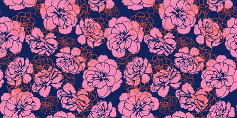 Creative abstract shapes buttercups, pansies flowers seamless pattern on a dark background. Colorful contour silhouettes, lines, outlines floral print. Vector hand drawn. Unique nature ornamen