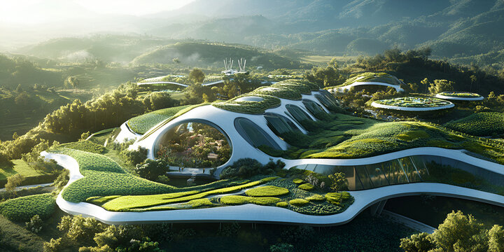 Sustainable Architecture:  An awe-inspiring, futuristic architectural design with an emphasis on green spaces and nature. The bio-dome is nestled within a verdant landscape.