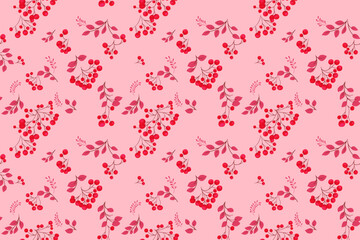Abstract artistic berries on a branches leaves seamless pattern on a pink background. Stylized juniper, boxwood, viburnum, dogwood barberry print. Botanical illustration ornament