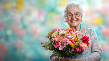A joyful elderly woman holding a large bouquet of colorful flowers with a bright soft-focus floral background
