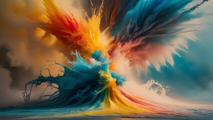 Striking abstract image showcasing two vividly colored water splashes colliding in dramatic kinetic motion, blending colors beautifully in a vibrant and conceptual portrayal of motion and creativity.