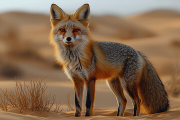 Obraz premium A desert fox standing in the sand dunes, surrounded by the barren beauty of the desert. The fox's fur blends with the environment, showcasing the animal's adaptation to this harsh landscape.