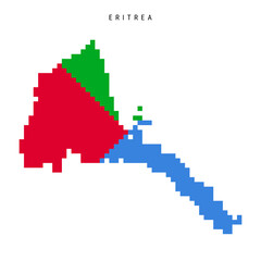 Fototapeta premium Eritrea pixel flag map icon. 8 bit pixel art Eritrean map covered with flag. Flat vector illustration isolated on white background.