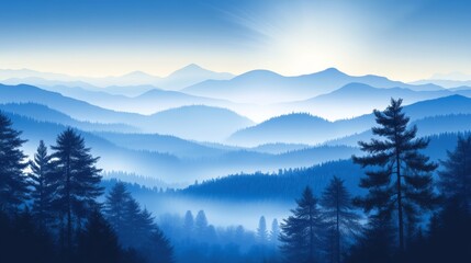 Obraz premium Mystical blue forest, a tranquil landscape with majestic mountains and lush trees