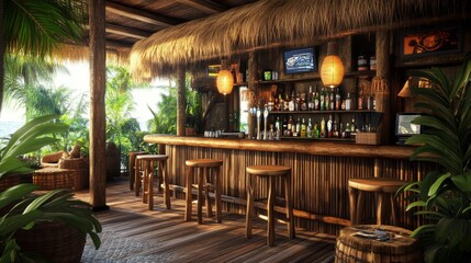 Fototapeta premium Beach bar offering tropical cocktails and relaxation under a thatched roof