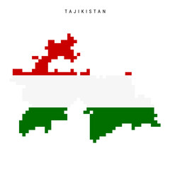 Tajikistan pixel flag map icon. 8 bit pixel art Tajik map covered with flag. Flat vector illustration isolated on white background.