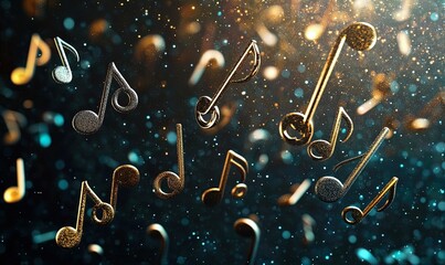 Gold and silver music notes falling on sparkling dark blue background, ideal for music-themed projects.