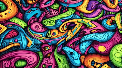 Graffiti textures and shapes forming a fractal-like pattern of endless creativity in vibrant neon hues