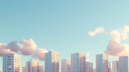 Pastel-colored apartment buildings against a serene, sunset sky.