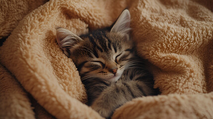 Sweet Dreams:  A tiny tabby kitten cuddles deeply into a fuzzy blanket, its eyes closed in peaceful slumber. This adorable image evokes a sense of warmth, comfort, and pure innocence.  