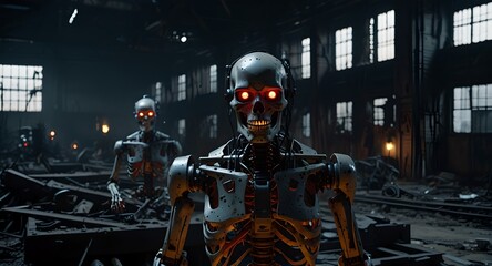 An abandoned factory scene showcasing inactive robot skeletons, highlighted by one with a glowing red eye in the shadows. 
