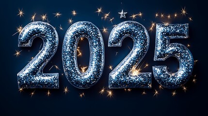 2025 displayed bold typography made of silver stars set against a clean navy background with subtle festive accents celebrating the New Years arrival