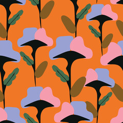 seamless doodle abstract flowers pattern on orange background
