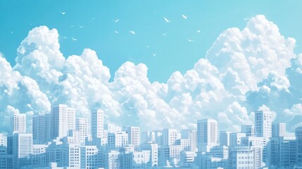 Sunny cityscape with fluffy clouds and birds.