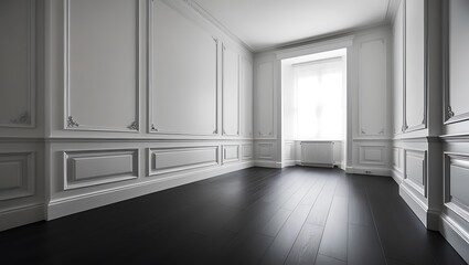 Empty perspective of white empty room and dark laminate floor,classic interior style
