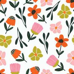 seamless mixed cute flowers pattern on white background