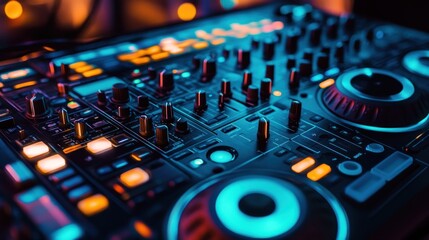 Fototapeta premium Illuminated DJ Mixer Console: A Symphony of Lights and Sound