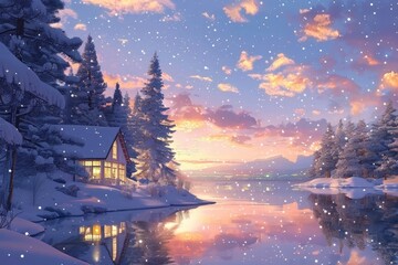 Fototapeta premium Serene winter scene a cozy lake house surrounded by snowy forest at sunset glow