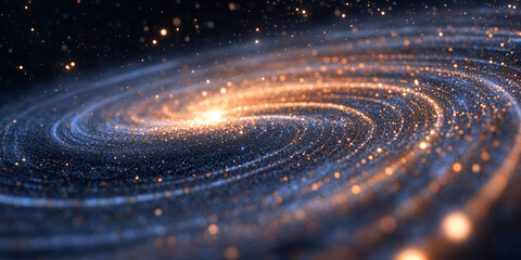 Fototapeta premium Cosmic Spiral: A mesmerizing abstract illustration of a swirling galaxy, bursting with golden stardust. The image evokes awe and wonder, transporting viewers to the vast expanse of the cosmos. 