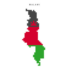Fototapeta premium Malawi pixel flag map icon. 8 bit pixel art Malawian map covered with flag. Flat vector illustration isolated on white background.