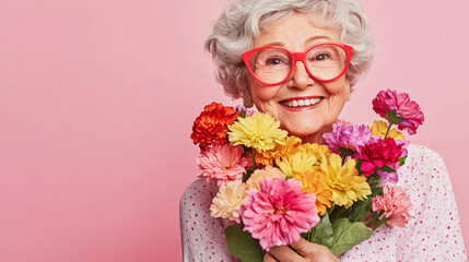 A cheerful elderly woman with white hair and red glasses smiles brightly holding a colorful bouquet of flowers against a soft pink background  
