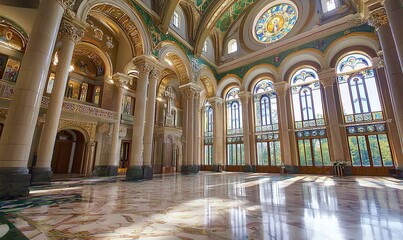 Obraz premium Grand church interior with stained glass, marble floor, columns, and natural light.