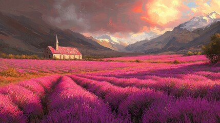 Obraz premium Lavender Field at Sunset with Church and Majestic Mountains: A Serene Landscape Painting