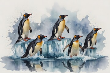 Fototapeta premium Penguins sliding on ice in watercolor style