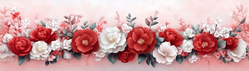 Elegant red and white flowers on a soft pink background, floral arrangement