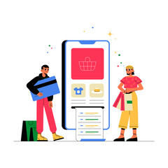 Male And Female Characters Using Shopping App On Mobile Screen In Flat Vector Illustration Symbolizing E Commerce, Purchases, And Retail, Isolated On White Background