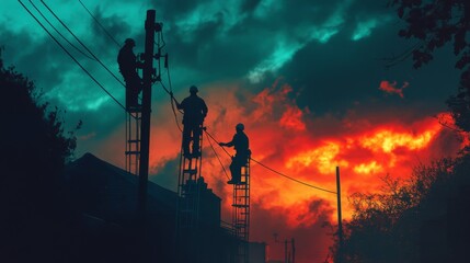 Silhouetted figures climb tall poles against a dramatic sky. The colors of the sunset create a striking background. Workers show determination and teamwork. Generative AI