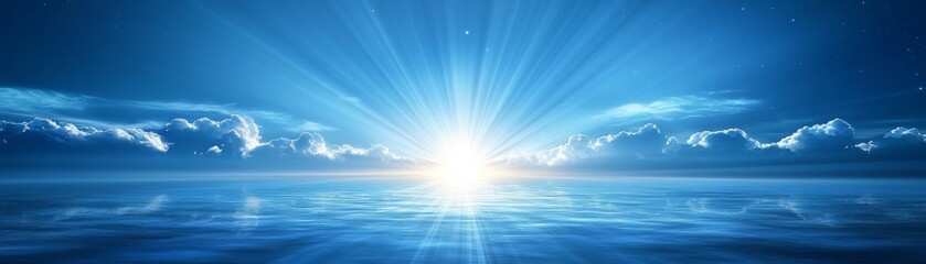 Vibrant blue sky with fluffy white clouds and a bright shining sun radiant