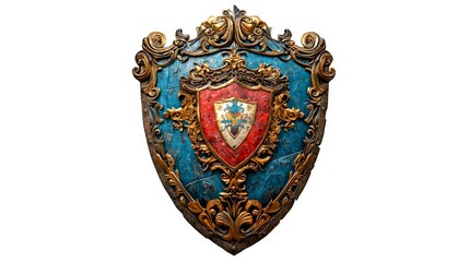 Fototapeta premium A beautifully ornate shield with a vibrant red and blue color scheme. Intricate designs accentuate the historical essence of this stunning piece. Generative AI