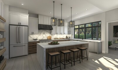Obraz premium Modern Kitchen Island Design With White Cabinets And Wood Accents