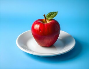 bright red heart-shaped apple with a single green leaf, placed on a white ceramic plate against a light blue background
