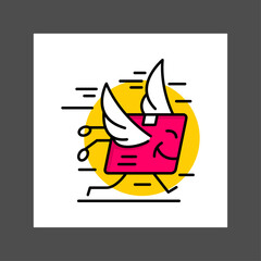 A pink and yellow cartoon bird with wings spread, flying against a bright yellow background