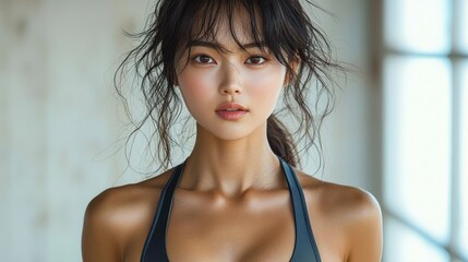 Fototapeta premium Stunning Portrait of a Young Asian Woman with Dark Hair, in a Fitness Studio Setting