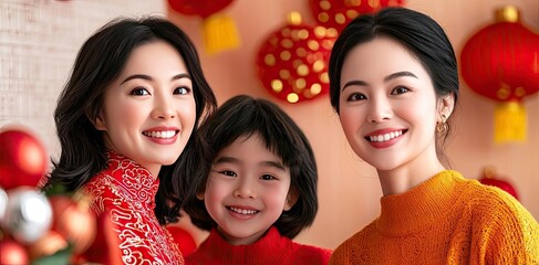 Chinese new year shopping concept. Joyful family portrait celebrating togetherness and festive traditions with warmth.