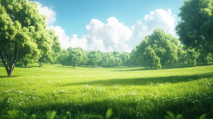 Fototapeta premium Sunny meadow landscape with lush green grass, trees, and a bright blue sky.
