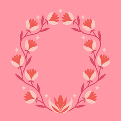 Folk floral round frame. Traditional slavic scandinavian ornament with rustic embroidery motifs. Clean flat minimal geometric shapes in unique reflected elegant print.