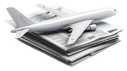 Creative juxtaposition of a plane resting atop a stack of documents transparent background