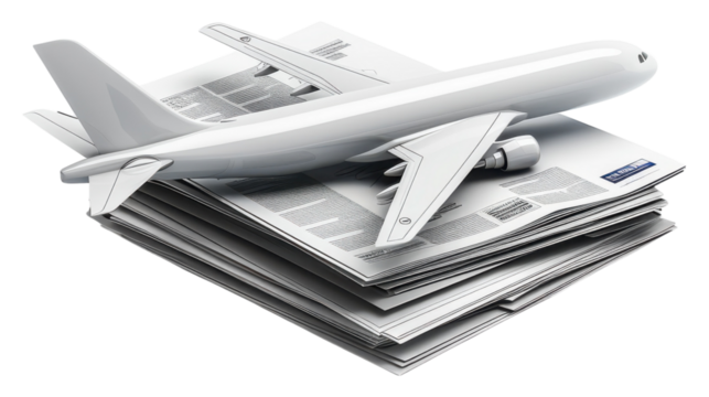 Creative juxtaposition of a plane resting atop a stack of documents transparent background