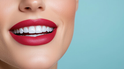 Fototapeta premium Bright red lips with perfect smile against soft blue background