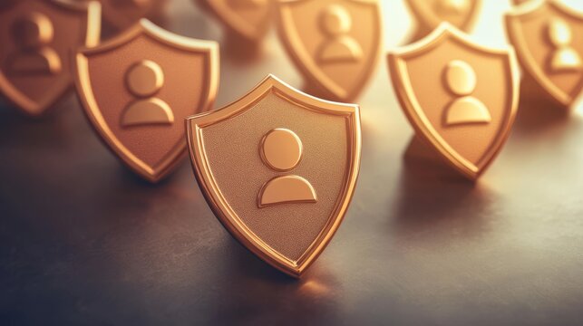 Gold shield with person icon, symbolizing protection, security and individual safety - Powered by Adobe