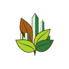 Eco-Cityscape: A stylized illustration of a modern city nestled within lush green leaves, symbolizing sustainable urban development and environmental harmony. 