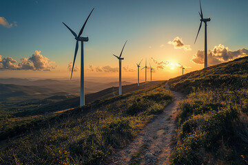 Obraz premium A wide view of wind turbines on rolling hills, symbolizing the power of renewable energy and its harmony with nature, with soft sunlight enhancing the scene.