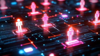 Obraz premium Human figure exploring the vast landscape of a complex computer circuit board intricate