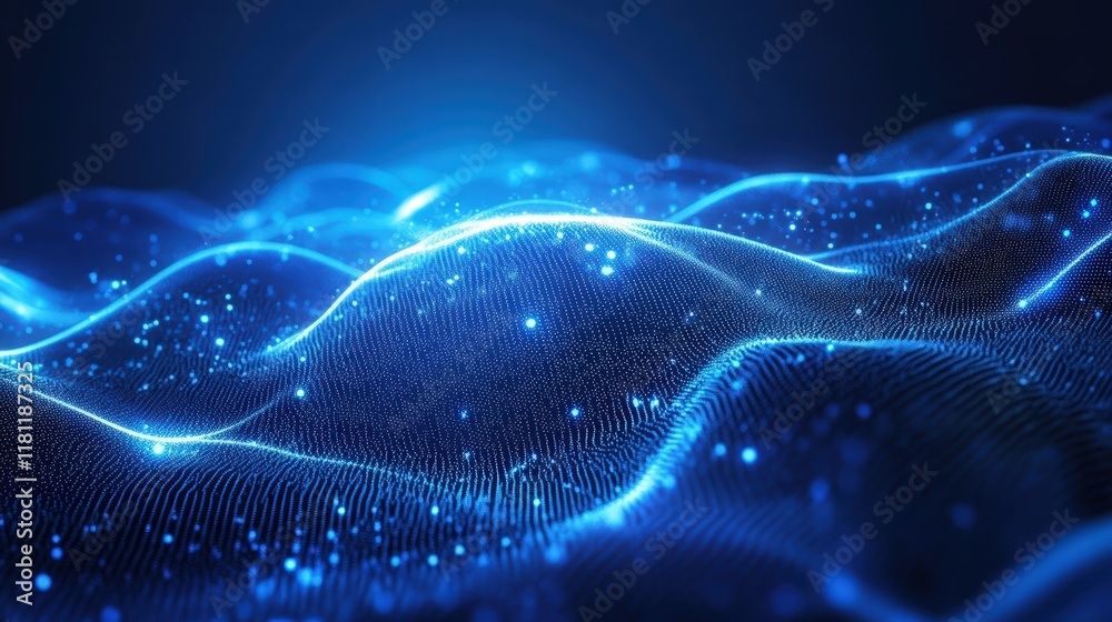 Poster abstract digital technology background with blue waves and sparkling particles illustrating advanced