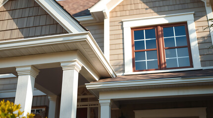 Close-up view of a house exterior, showcasing a section of the porch, taupe-colored siding, and a double-hung window with a brown frame.  White trim and pillars are prominent features.